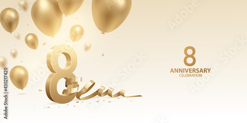 8th Anniversary celebration background. 3D Golden numbers with bent ribbon, confetti and balloons.