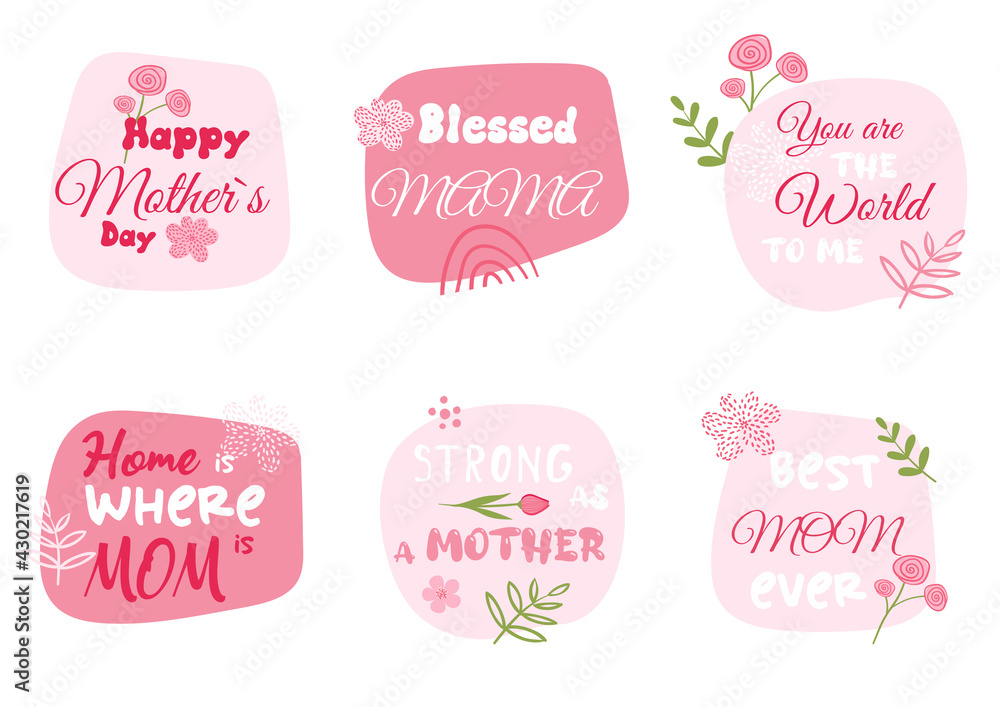 Happy Mothers Day Set. Best Mom ever Font. Spring pink greeting cards for Mommy Holiday. Stickers with quote for Mother party with flowers. Phrase for invitation with Mama text. Happy Mothers Day Set. Best Mom ever Font. Spring pink greeting cards for Mommy Holiday. Stickers with quote for Mother party with flowers. Phrase for invitation with Mama text.