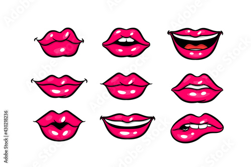 Pink red woman lips in pop art style set. Cartoon girl make up vector illustration. Sexy pop art lips sticker with open mouth and smile. Vintage cartoon pop art set of girl pink lips.