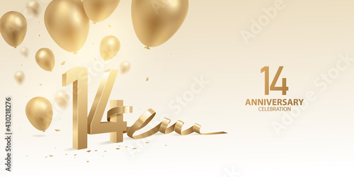 14th Anniversary celebration background. 3D Golden numbers with bent ribbon, confetti and balloons.
