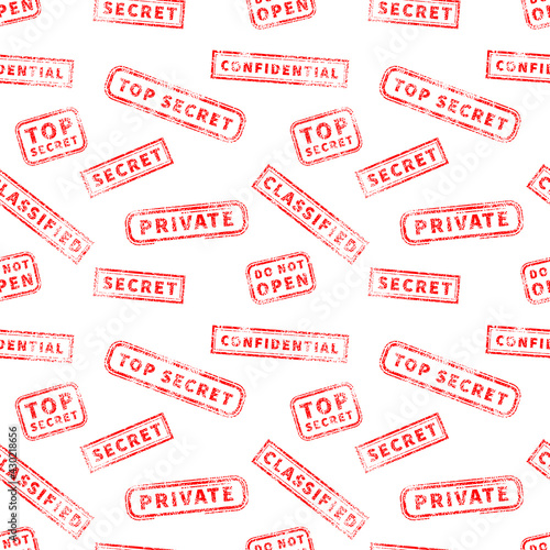 Lot of top secret red vintage grunge stamps on white, seamless pattern