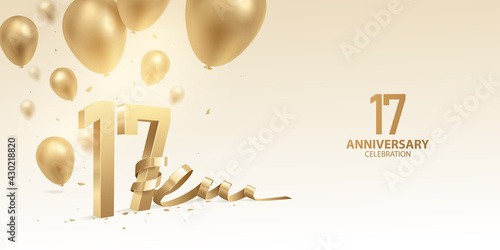 17th Anniversary celebration background. 3D Golden numbers with bent ribbon, confetti and balloons.

