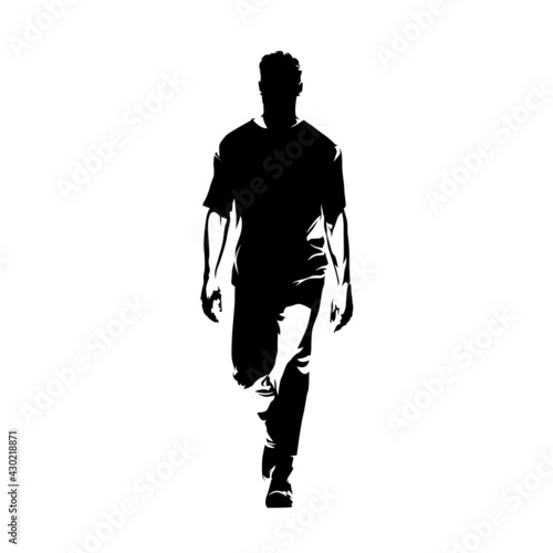 Young man walking forward. front view, abstract isolated vector silhouette. Ink drawing