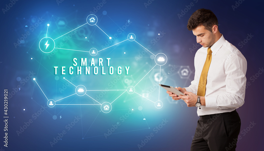 Businessman thinking about technology concept Businessman thinking about technology concept