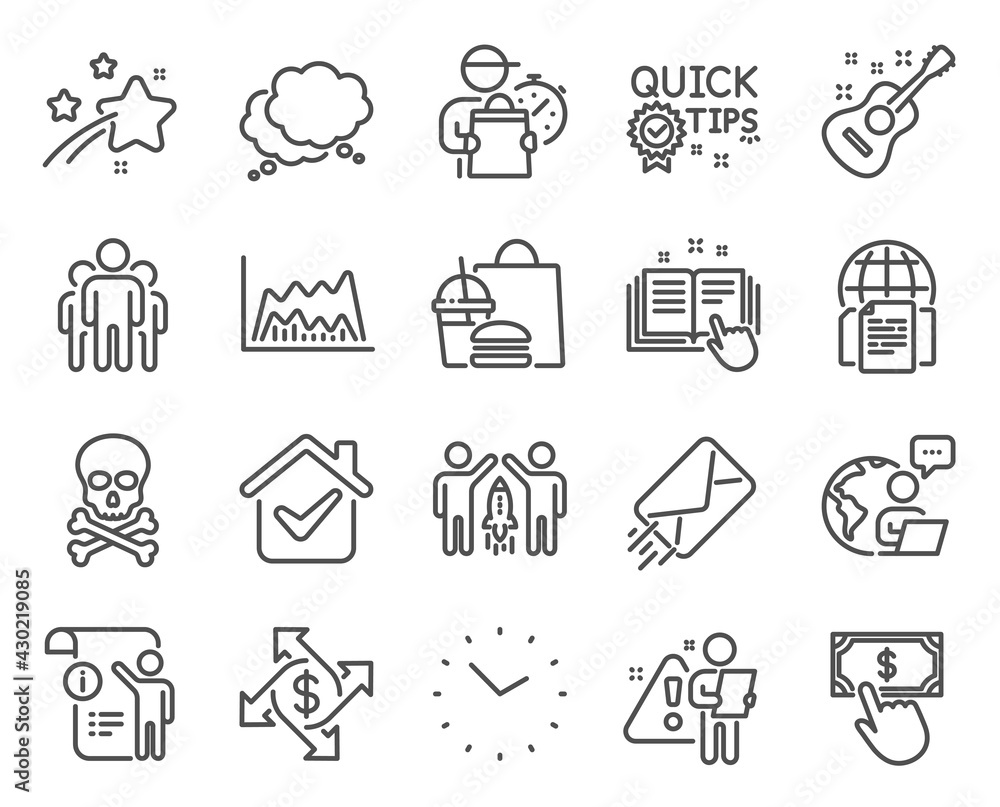 Education icons set. Included icon as Internet documents, Payment click, Guitar signs. Chemical hazard, Quick tips, Payment exchange symbols. Partnership, Speech bubble, Manual doc. E-mail. Vector