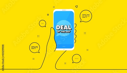 Deal of the day symbol. Hand hold phone. Yellow banner with continuous line. Special offer price sign. Advertising discounts symbol. Mobile phone banner. Continuous line hand. Day deal bubble. Vector
