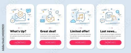 Set of Education icons, such as Approved mail, Musical note, Share symbols. Mobile screen mockup banners. Hold document line icons. Confirmed document, Speech bubble, Referral person. Vector