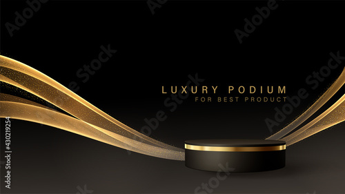 Minimal black scene with golden lines. Cylindrical gold and black podium on a black background. 3D stage for displaying a cosmetic product