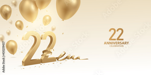 22nd Anniversary celebration background. 3D Golden numbers with bent ribbon, confetti and balloons.
