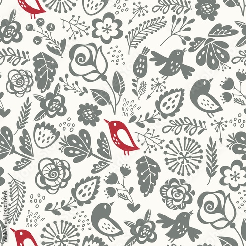 Beautiful floral seamless pattern with birds and flowers in limited color palette. Bright illustration, can be used for creating card, invitation card for wedding,wallpaper and textile.