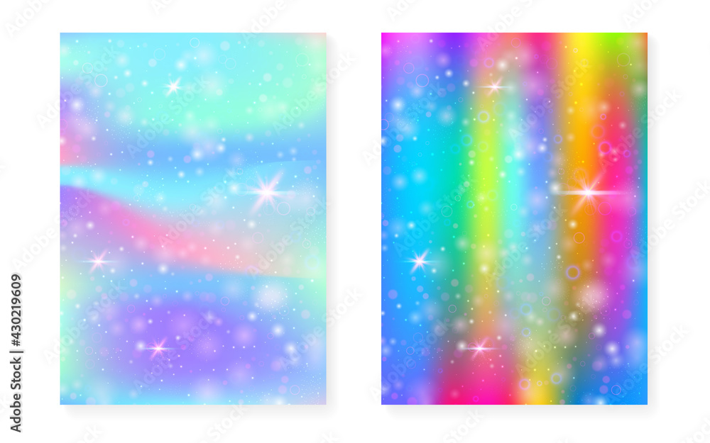 Princess background with kawaii rainbow gradient. Magic unicorn hologram.