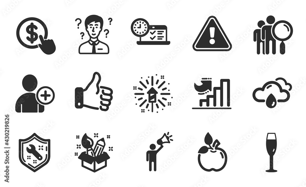 Search people, Like hand and Eco food icons simple set. Spanner, Champagne glass and Add user signs. Rainy weather, Buy currency and Growth chart symbols. Flat icons set. Vector