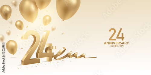 24th Anniversary celebration background. 3D Golden numbers with bent ribbon, confetti and balloons.
