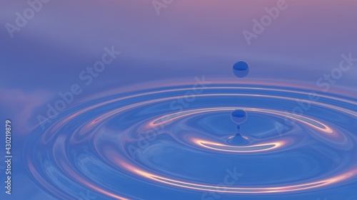 Concept or conceptual blue liquid drop falling in water on background with ripples and waves. 3d illustration metaphor for nature, natural, summer, spa, cool, business, environment, rain or health