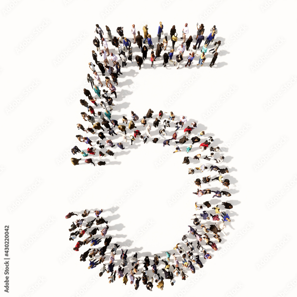 Concept or conceptual large community of people forming the font 5. 3d illustration metaphor for unity and diversity, humanitarian, teamwork, cooperation, education, friendship and community Concept or conceptual large community of people forming the font 5. 3d illustration metaphor for unity and diversity, humanitarian, teamwork, cooperation, education, friendship and community