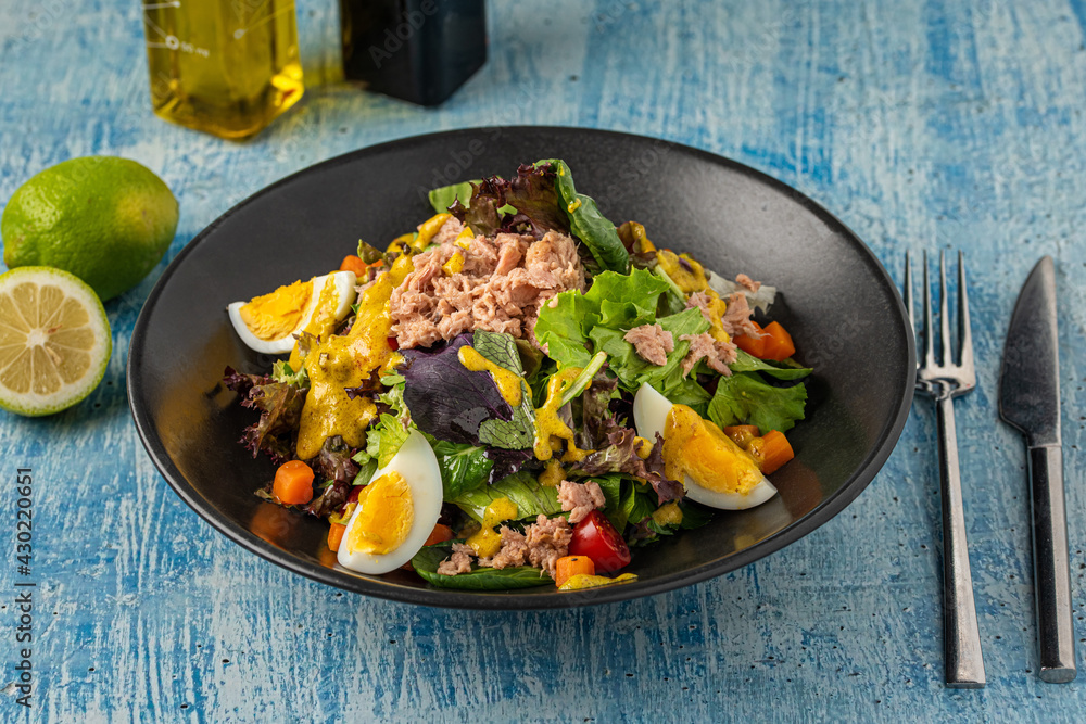 Fresh mediterranean salad with egg and tuna fish on a black plate Fresh mediterranean salad with egg and tuna fish on a black plate