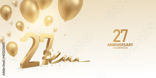 27th Anniversary celebration background. 3D Golden numbers with bent ribbon, confetti and balloons.
 photo