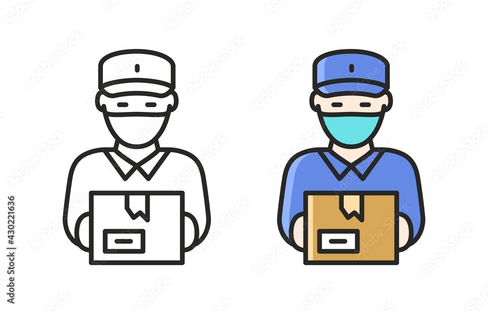 Safe delivery. Courier in a protective medical mask holds parcel in his hand. Delivery man with a box. Stay at home. Safe delivery. Courier in a protective medical mask holds parcel in his hand. Delivery man with a box. Stay at home.