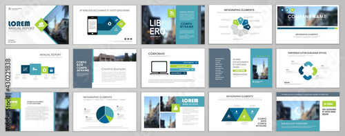 Presentation slide layout background. Blue and green design brochure template. Use in presentation, flyer, leaflet, banner, corporate report, annual report, marketing, advertising.