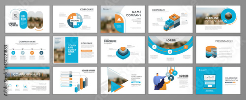 Presentation slide layout background.  Blue and orange design brochure template. Use in presentation, flyer, leaflet, banner, corporate report, annual report, marketing, advertising.