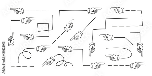 Arrows icons. Hand drawn arrow vector set. Index finger instead of an arrow. Vector illustration