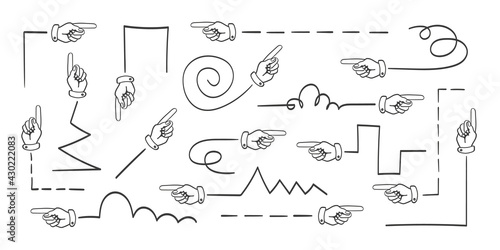 Arrows. Hand drawn arrows. Index finger instead of an arrow. Doodle curved arrow. Vector illustration