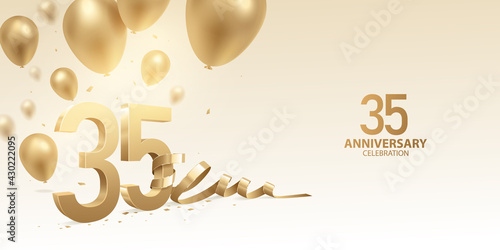 35th Anniversary celebration background. 3D Golden numbers with bent ribbon, confetti and balloons.