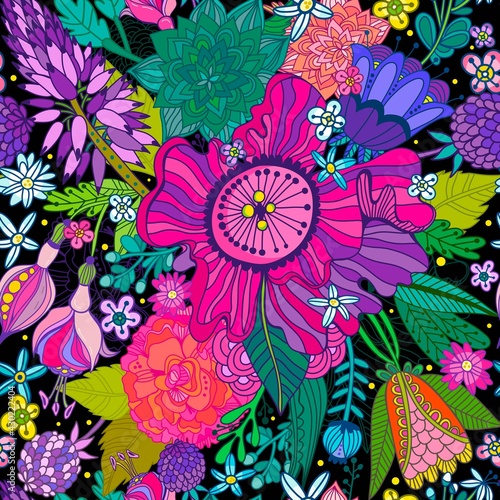 Vector seamless pattern with abstract flowers in bright color palette.