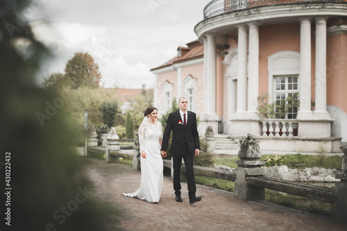 Amazing happy gentle stylish beautiful romantic caucasian couple on the background ancient baroque castle © olegparylyak