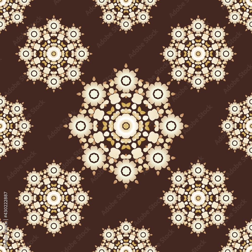 white abstract flowers on a brown background. seamless pattern. floral ornament. mosaic, kaleidoscope.