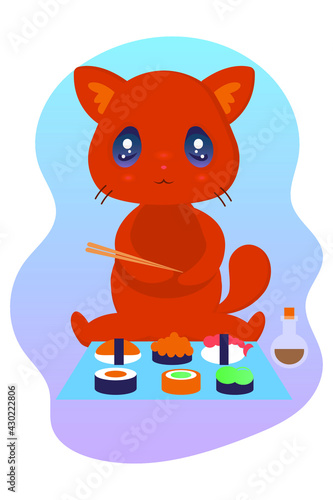 Cute kawaii ginger cat holds chopsticks in its paws and eats Japanese food. Vector stock illustration of food. Cat and sushi