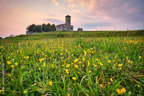 Landscape at spring with yellow flowers and a little old church