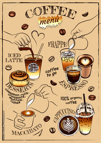 Sketch drawing poster of coffee menu, line art coffee cup, barista, roasted coffee beans. iced drink. Food template, cafe, bakery. Outline espresso, latte art, macchiato, desserts. Vector illustration © MariArt