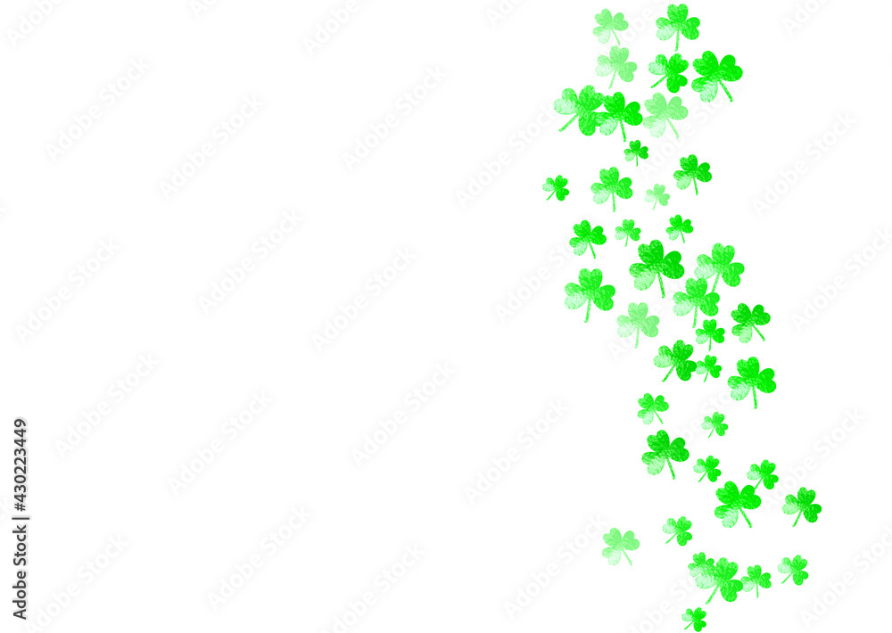 St patricks day background with shamrock. Lucky trefoil confetti. Glitter frame of clover leaves. Template for gift coupons, vouchers, ads, events. Merry st patricks day backdrop