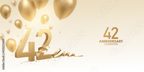 42nd Anniversary celebration background. 3D Golden numbers with bent ribbon, confetti and balloons.
 photo
