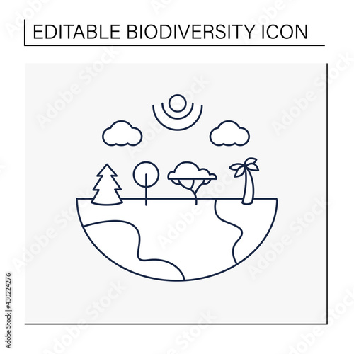 Species diversity line icon.Describe diversity of living species. Included insects,animals,plants,fungi.Differentiation in ecosystem.Biodiversity concept. Isolated vector illustration.Editable stroke