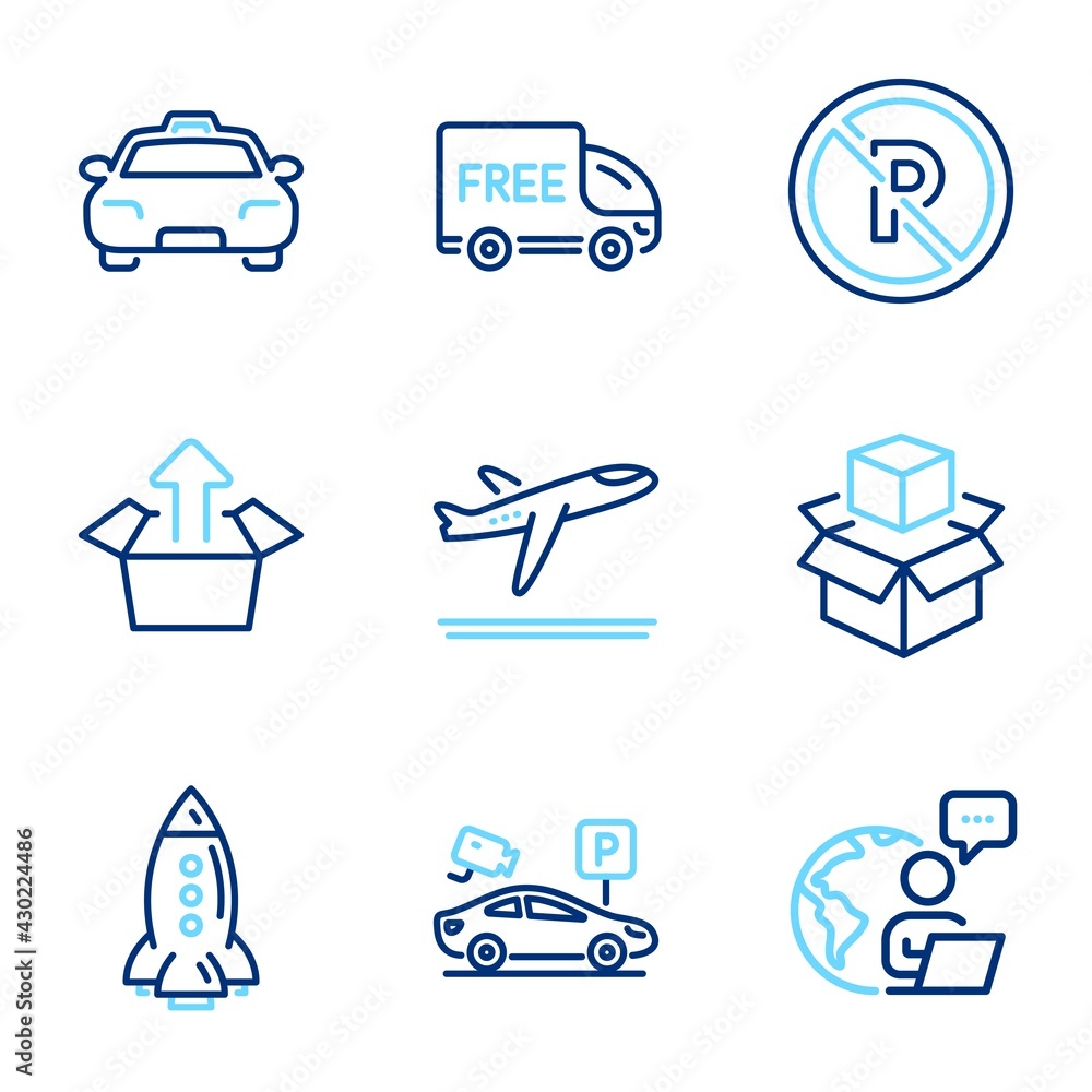 Naklejka premium Transportation icons set. Included icon as Packing boxes, Rocket, Send box signs. Free delivery, Parking security, Taxi symbols. No parking, Departure plane line icons. Line icons set. Vector