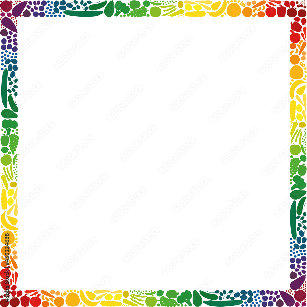 Plakat Fruits and vegetables, square format frame, rainbow gradient colored collection. Isolated vector illustration on white background.