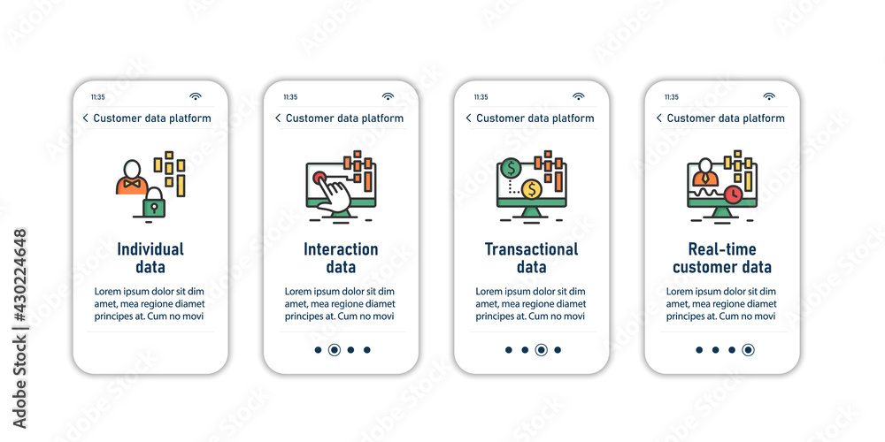 Customer data platform onboarding mobile app screens. Database steps menu. Set of UI, UX, web template with RGB color linear icons