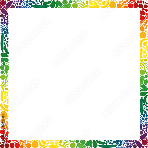 Fruits and vegetables, square format frame, rainbow gradient colored collection. Isolated vector illustration on white background. 