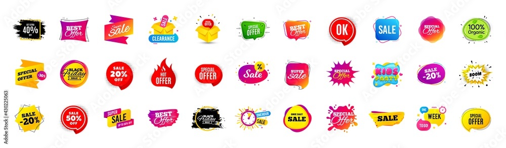 Fototapeta premium Best discount offer banners. Price deal sale stickers. Black friday special offer tags. Sale bubble coupon. Promotion discount banner templates design. Buy offer sticker. Super deal set. Vector