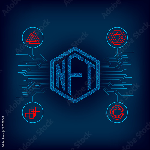 NFT non fungible token on blue background.High-tech technology texture. Vector illustration.