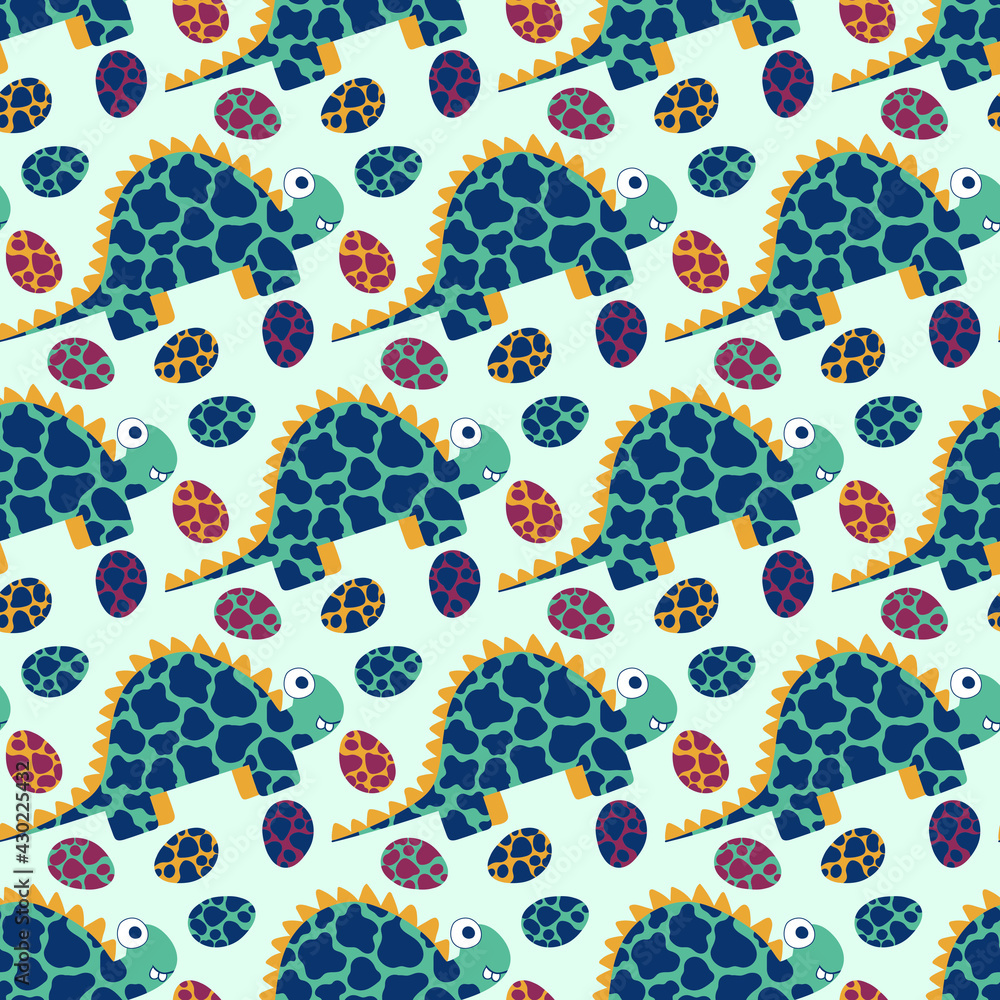Hand-drawn cartoon stegosaurus dinosaurs and eggs seamless pattern ...