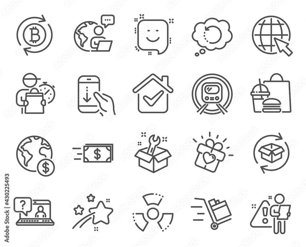 Business icons set. Included icon as Money transfer, Refresh bitcoin, Internet signs. Global business, Chemical hazard, Smile symbols. Push cart, Scroll down, Recovery data. Spanner, Faq. Vector Business icons set. Included icon as Money transfer, Refresh bitcoin, Internet signs. Global business, Chemical hazard, Smile symbols. Push cart, Scroll down, Recovery data. Spanner, Faq. Vector