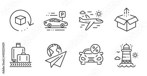 Baggage reclaim, Car leasing and Paper plane line icons set. Return package, Car parking and Airplane travel signs. Send box, Lighthouse symbols. Quality line icons. Baggage reclaim badge. Vector