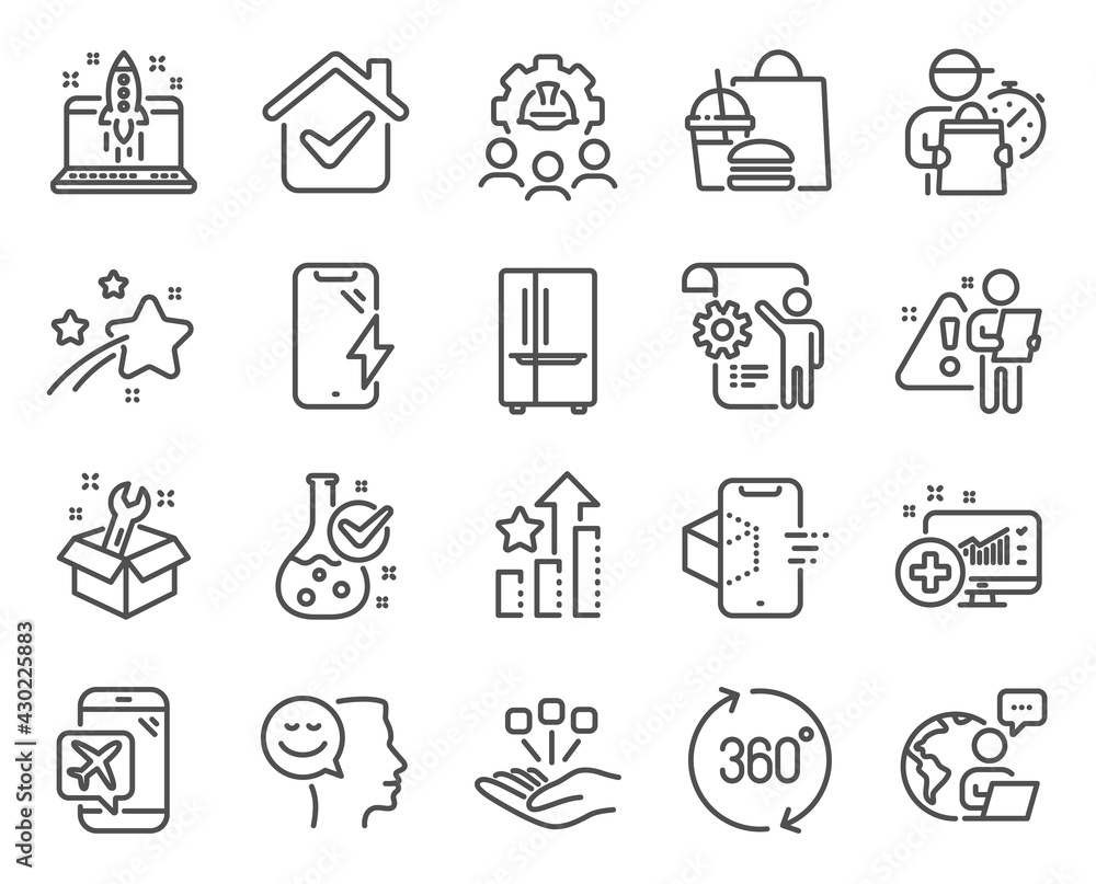 Technology icons set. Included icon as Spanner, Chemistry lab, Ranking stars signs. Flight mode, 360 degrees, Start business symbols. Refrigerator, Augmented reality, Engineering team. Vector Technology icons set. Included icon as Spanner, Chemistry lab, Ranking stars signs. Flight mode, 360 degrees, Start business symbols. Refrigerator, Augmented reality, Engineering team. Vector