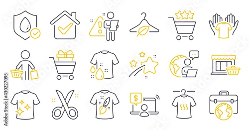 Set of Fashion icons, such as Slow fashion, T-shirt design, Clean t-shirt symbols. Marketplace, Waterproof, Scissors signs. Buyer, Online shopping, Shopping trolley. Businessman case. Vector