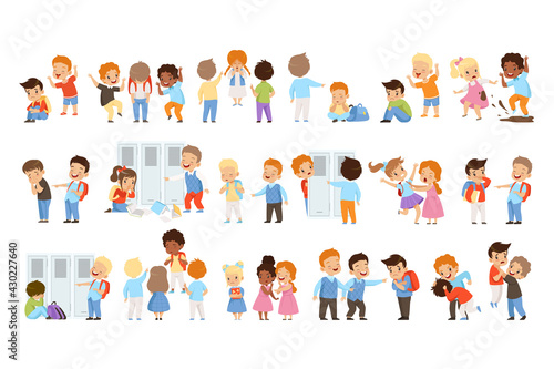 Elementary School Kids Bullying Weakers at School Set, Conflicts between Kids, Bad Behavior, Mockery and Bullying Concept Cartoon Vector Illustration
