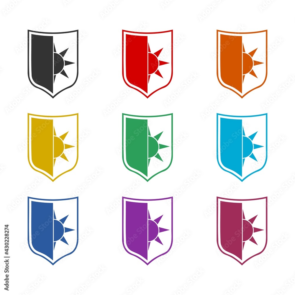 Shield sun protection icon isolated on white background color set Shield sun protection icon isolated on white background color set