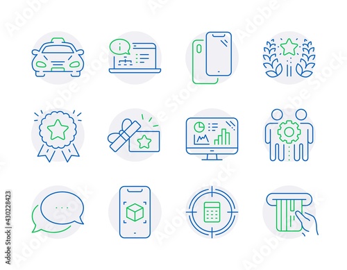 Technology icons set. Included icon as Taxi, Employees teamwork, Calculator target signs. Analytics graph, Ranking star, Dots message symbols. Ranking, Online documentation, Smartphone. Vector